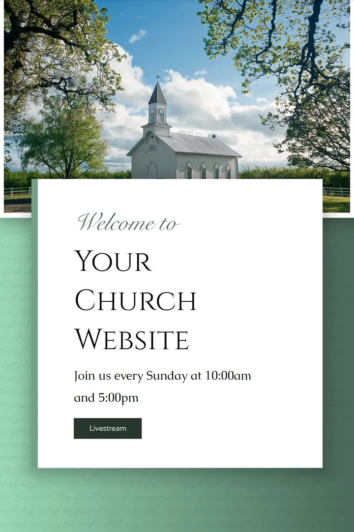 Design 05, Evergreen, on a phone: a white country church above a card that reads Welcome to Your Church Website, with Sunday service times and a Livestream button