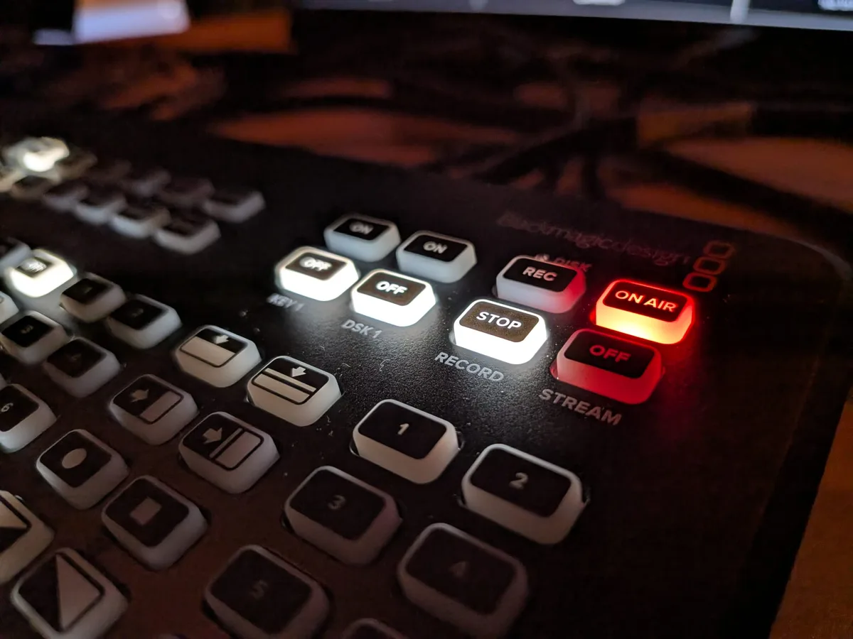 The switcher’s On Air button lit red